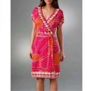 Diane von Furstenberg silk jersey wrap dress pink and orange abstract pattern